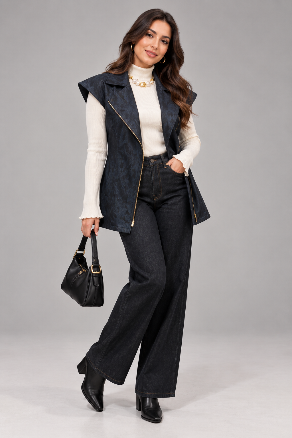 Denim Zip Vest with Waist Belt