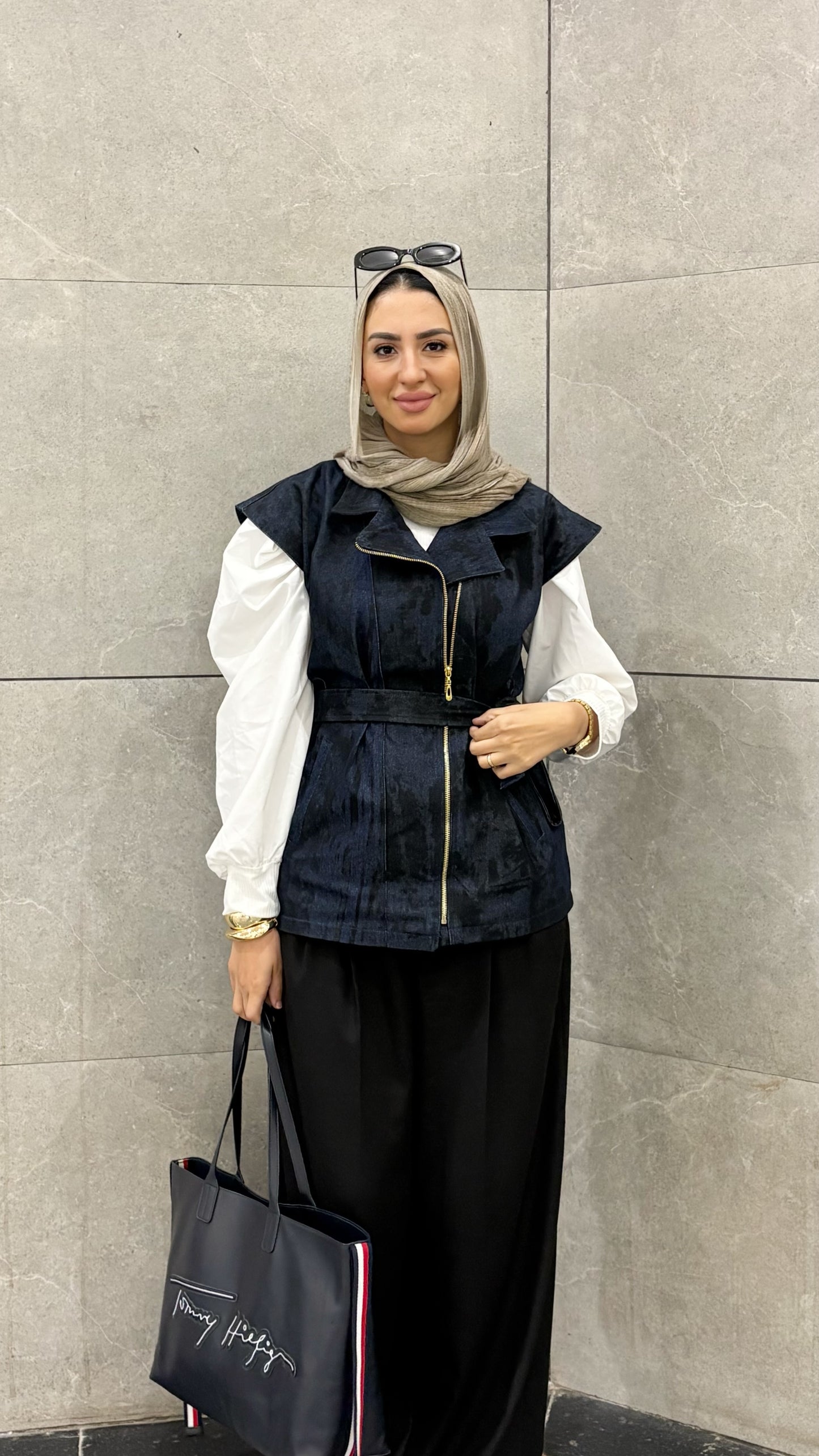 Denim Zip Vest with Waist Belt