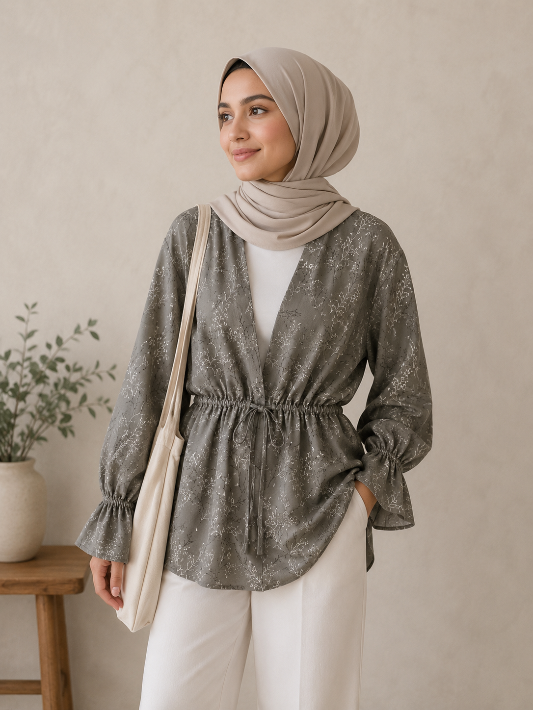 Mocha Floral Drawstring Kimono (Linen Crepe fabric)