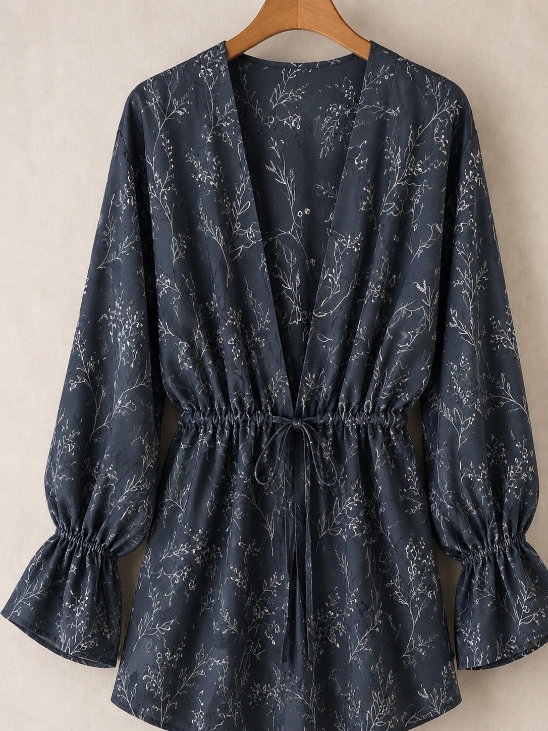 Black Floral Drawstring Kimono (Linen Crepe fabric )