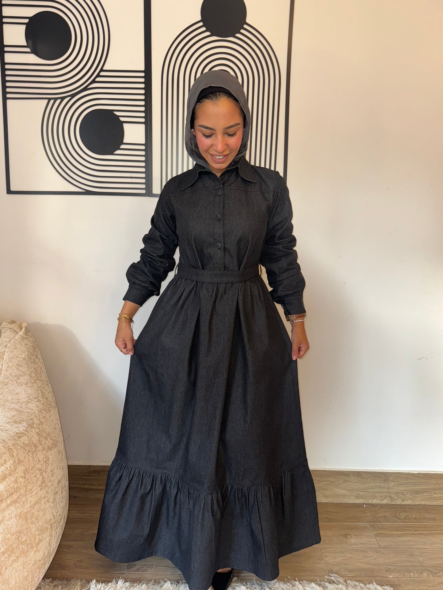 Chic Black Denim Button-Down Winter Dress