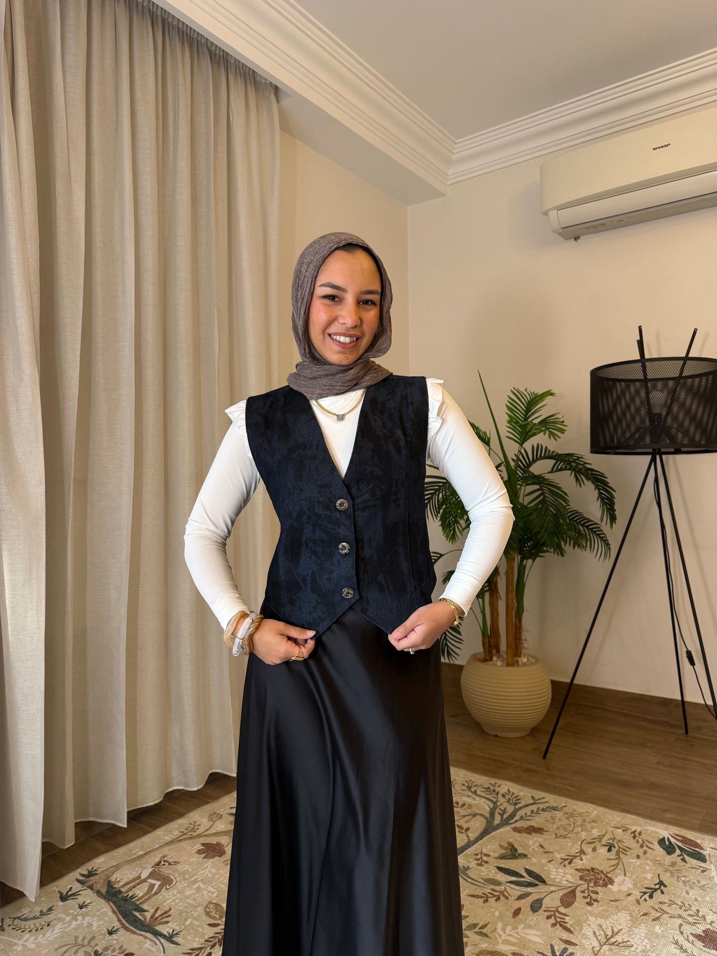 Midnight Satin Skirt & Denim Vest