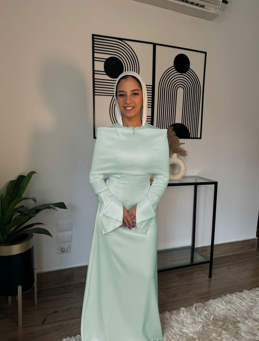 “The Serenity Gown – mint green Satin Modest Maxi Dress”