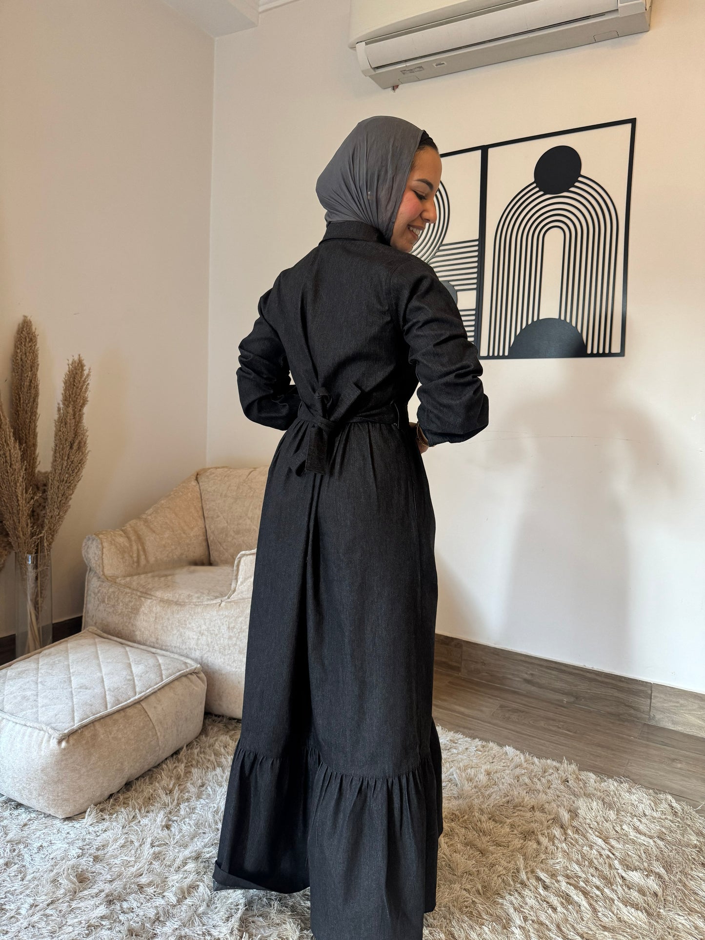 Chic Black Denim Button-Down Winter Dress